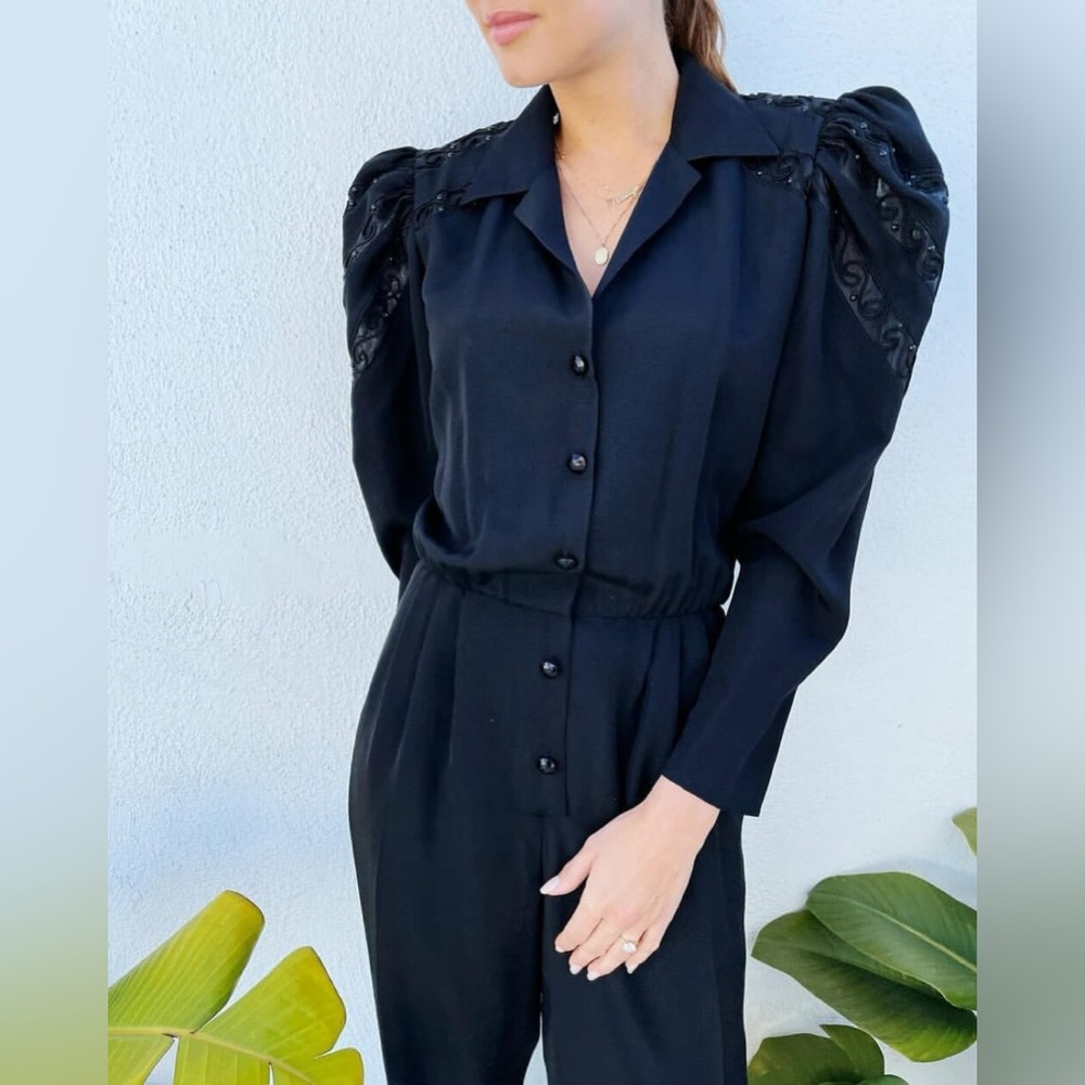 80s Black  Puff Sleeve Jumpsuit